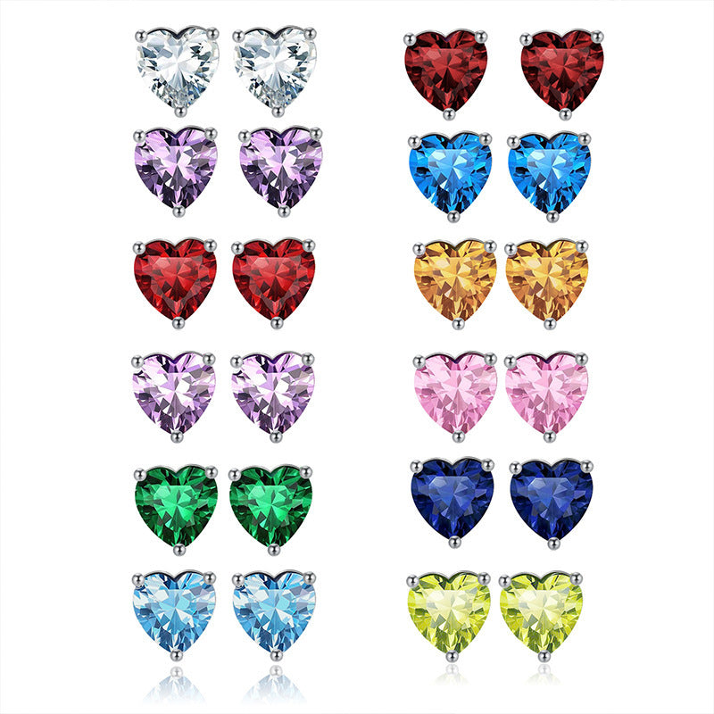 S925 Loving Heart In Sterling Silver Zircon Birthstone Stud Earrings-Jewearrings