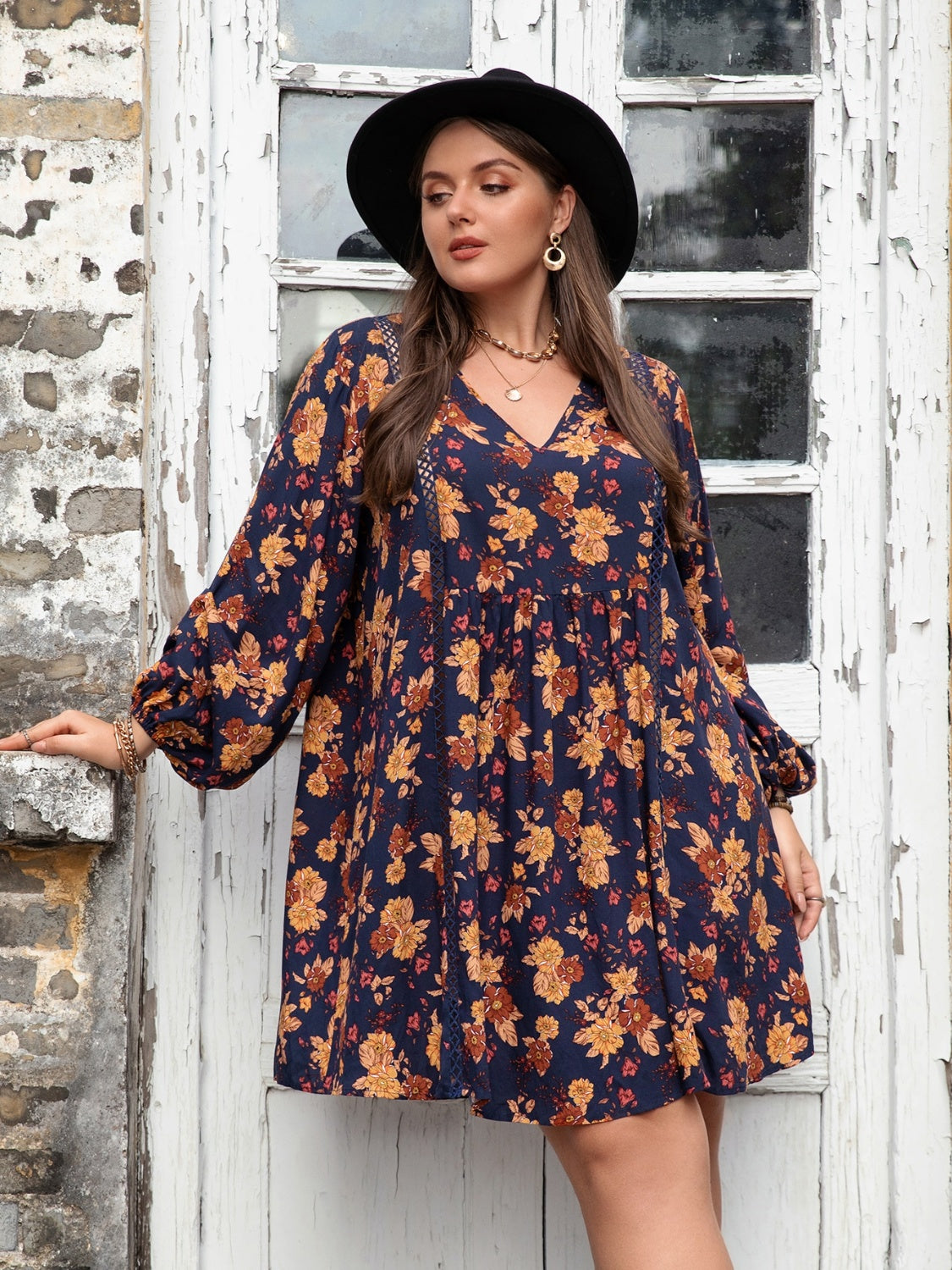 Plus Size Floral V-Neck Balloon Sleeve Dress-Jewearrings