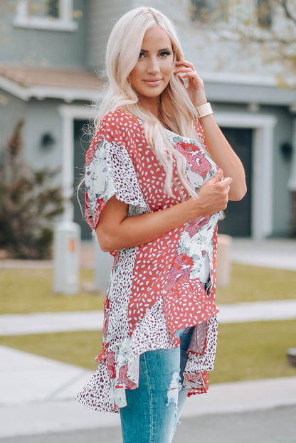 Mixed Print Ruffle Hem Kimono-Jewearrings