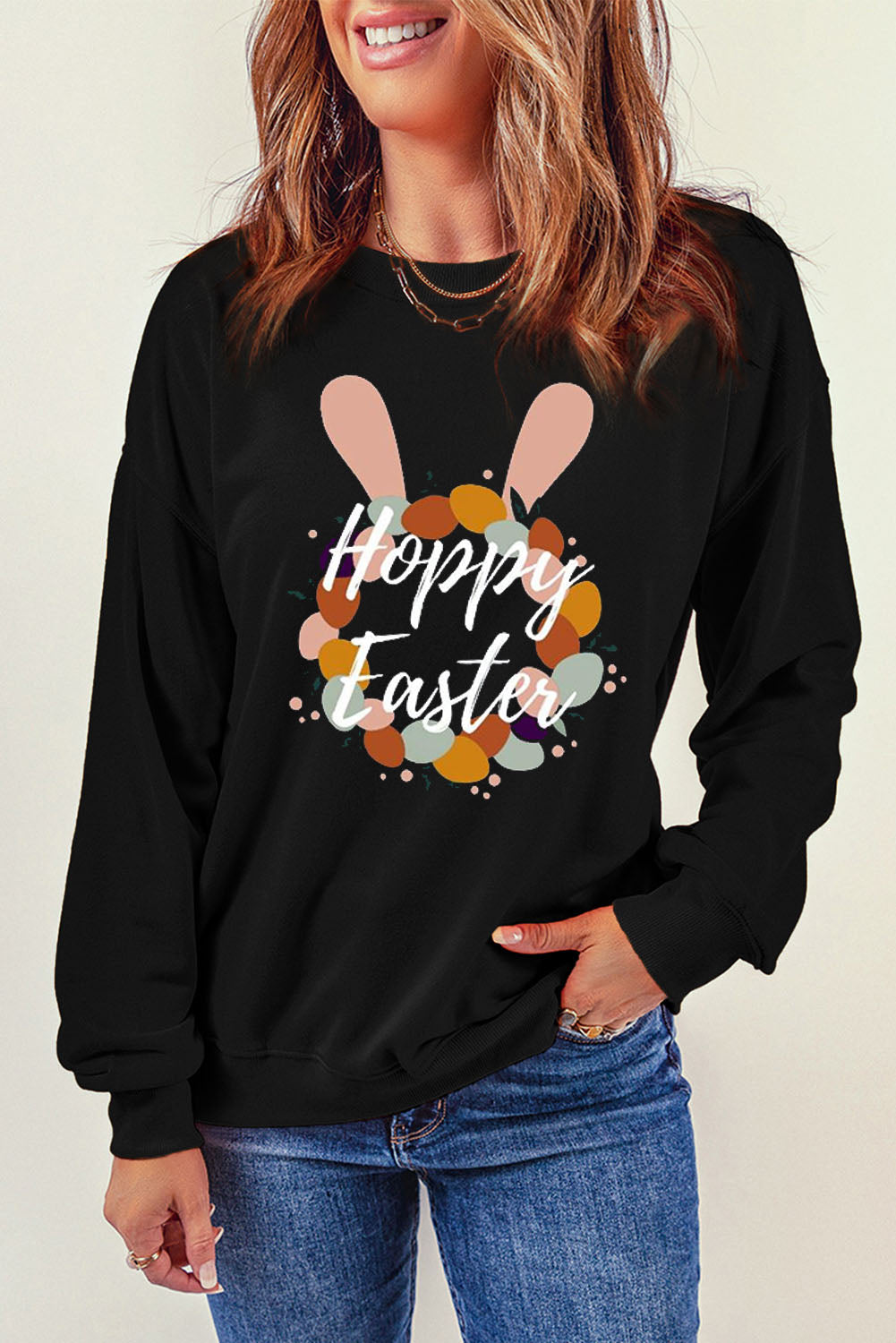 HOPPY EASTER Graphic Dropped Shoulder Sweatshirt-Jewearrings