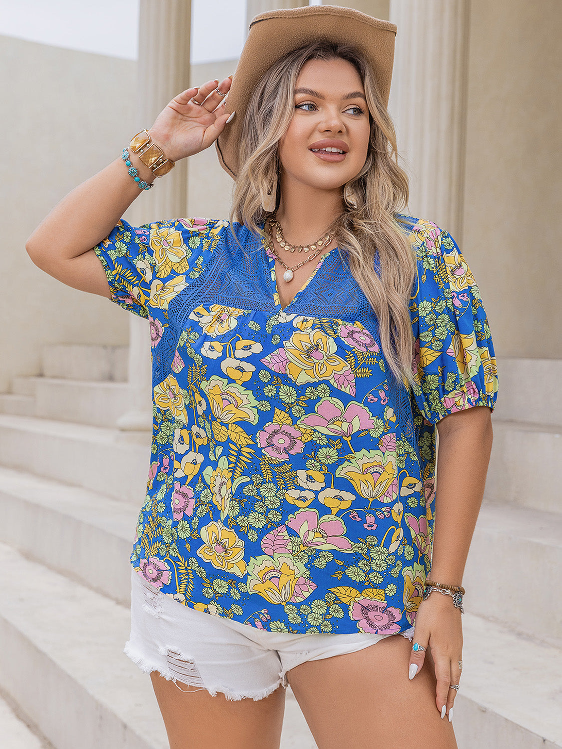 Plus Size Printed Notched Short Sleeve Blouse-Jewearrings