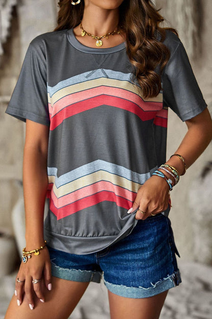 Multicolored Chevron Stripe Round Neck Side Slit T-Shirt-Jewearrings