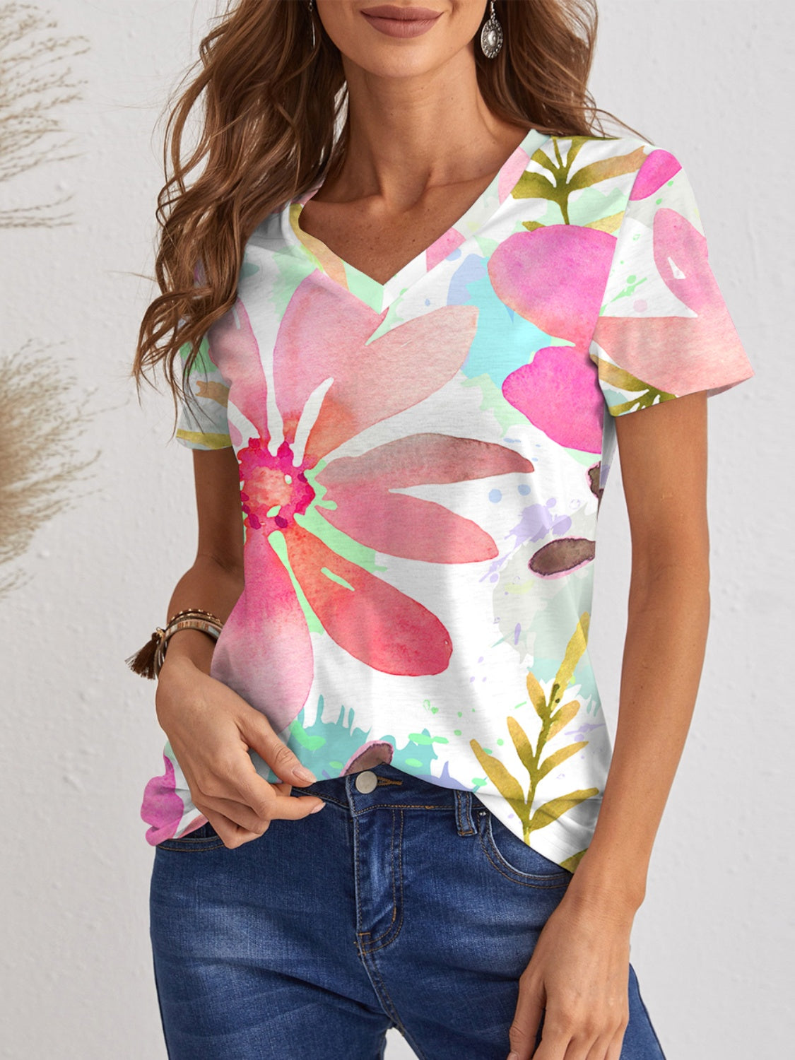 Printed V-Neck Short Sleeve T-Shirt-Jewearrings