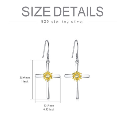 Sunflower Earrings Sterling Silver Cross Dangle Drop Hooks Earrings Sunflower Flower Jewelry Gifts for Women Teens Birthday-Jewearrings