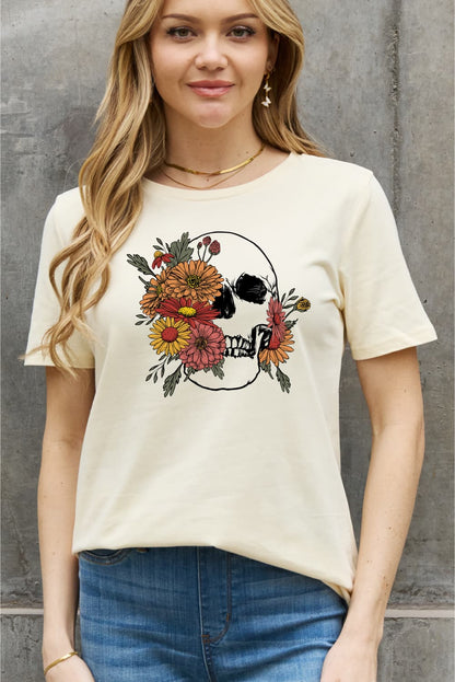 Simply Love Full Size Flower Skull Graphic Cotton Tee-Jewearrings