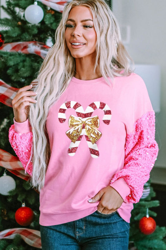 Candy Cane Sequin Long Sleeve Sweatshirt-Jewearrings