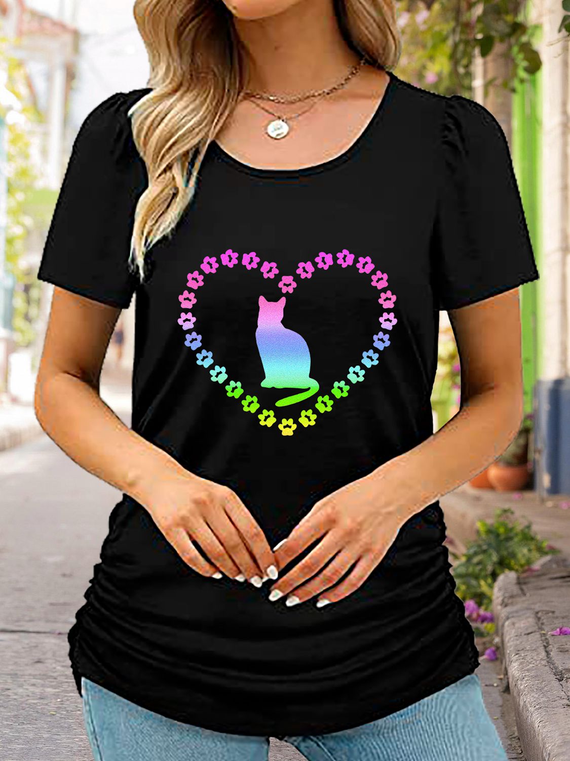 Full Size Cat Heart Graphic Short Sleeve T-Shirt-Jewearrings