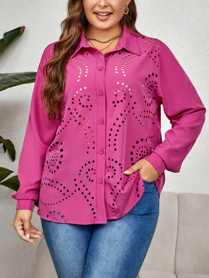 Plus Size Openwork Collared Neck Long Sleeve Shirt-Jewearrings