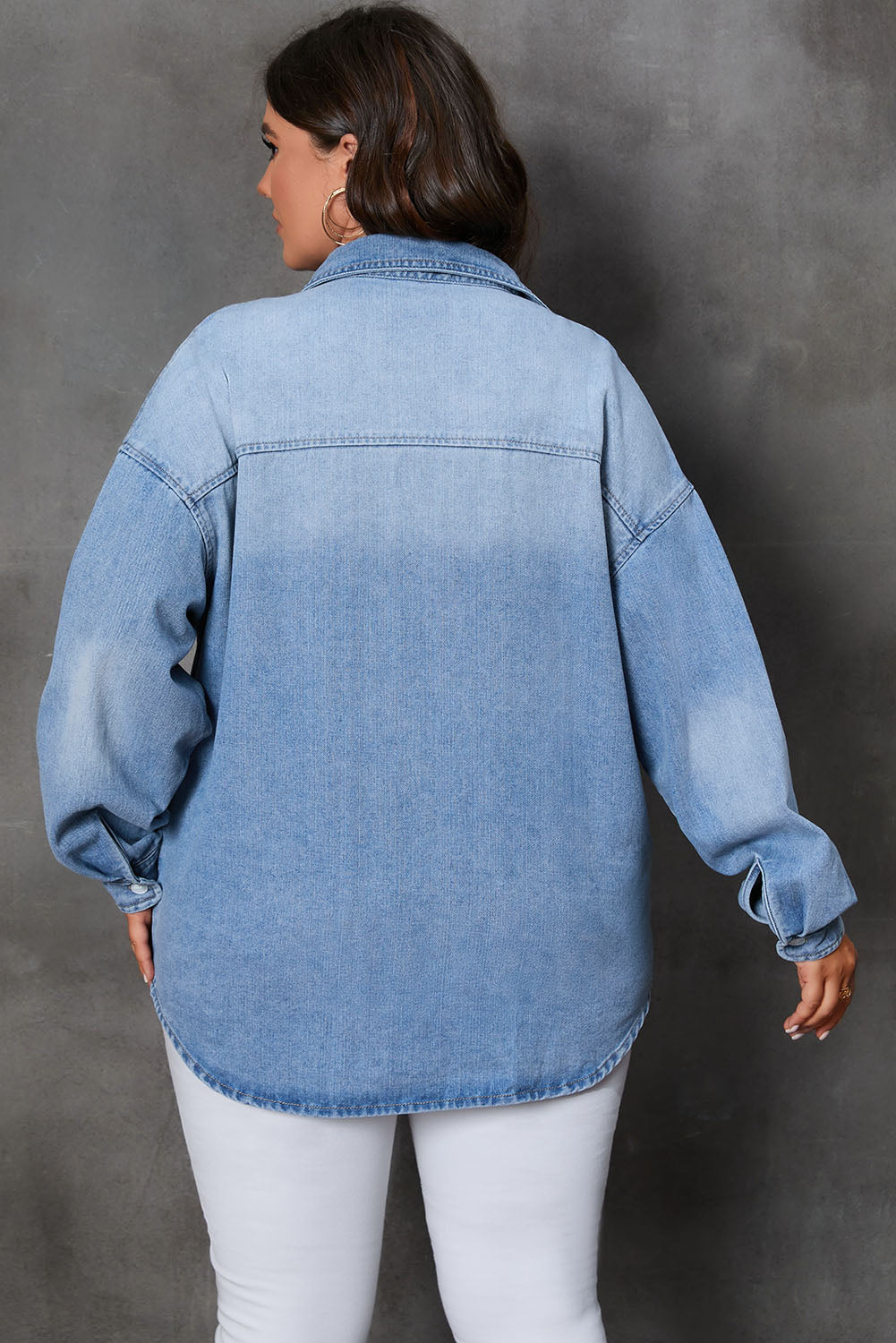 Plus Size Button Up Pocketed Denim Top-Jewearrings