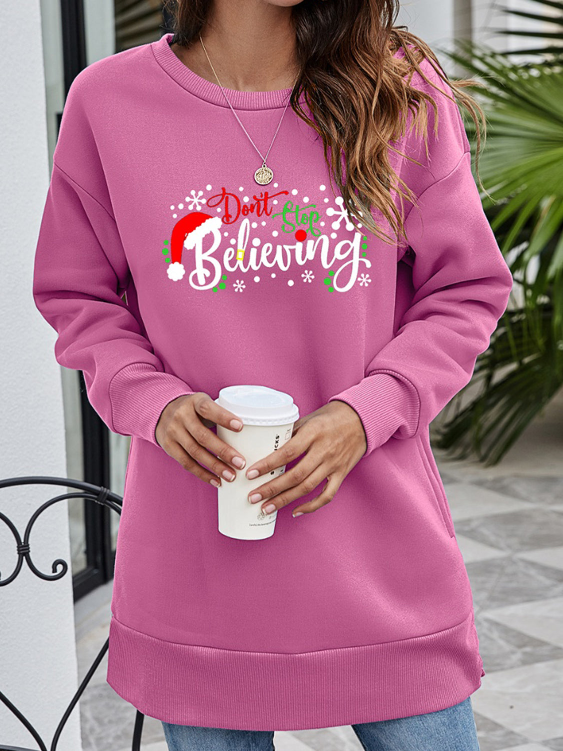 DON'T STOP BELIEVING Graphic Drop Shoulder Sweatshirt-Jewearrings