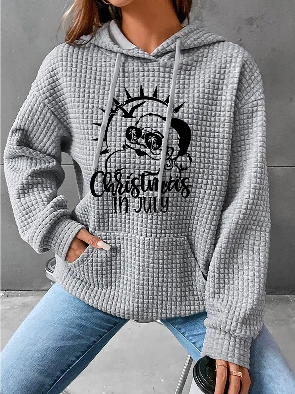 Full Size CHRISTMAS IN JULY Drawstring Long Sleeve Hoodie-Jewearrings