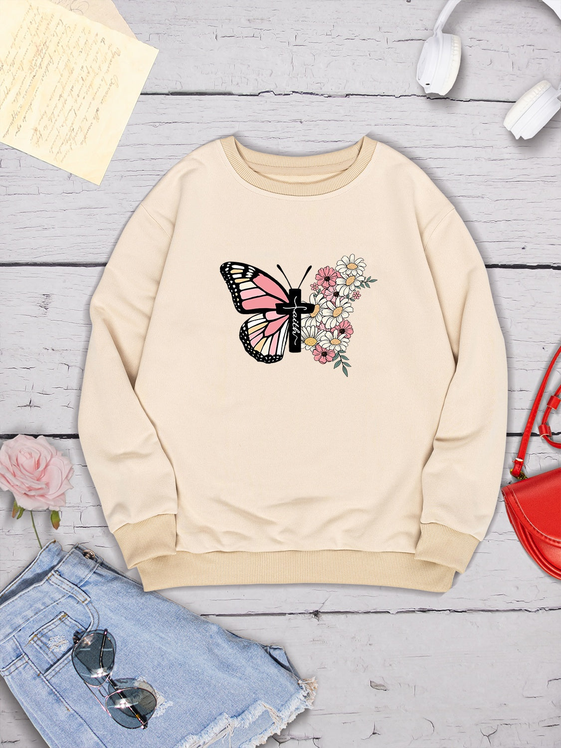 Butterfly Round Neck Dropped Shoulder Sweatshirt-Jewearrings