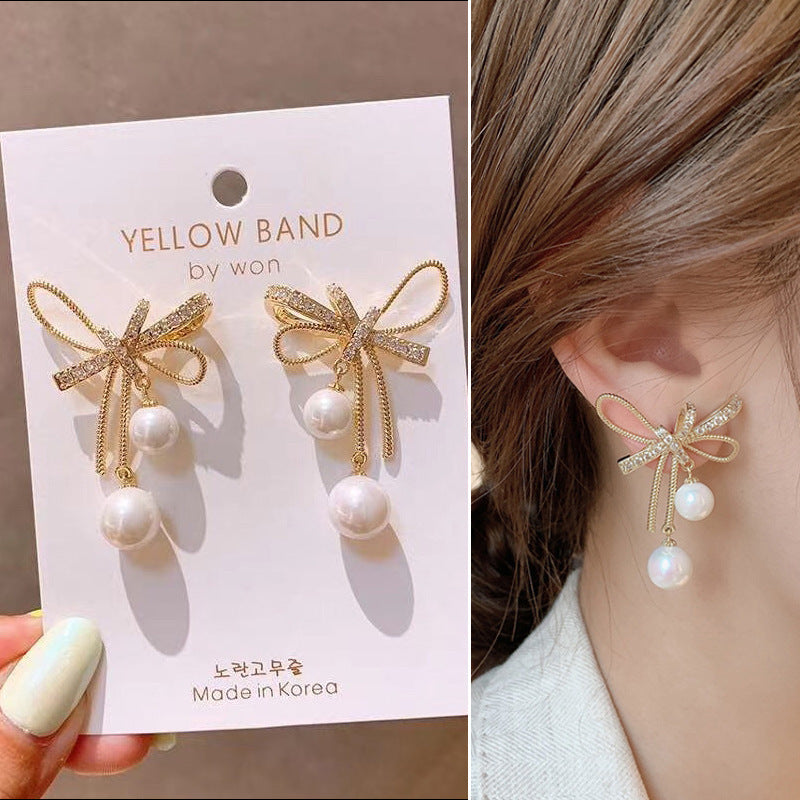 Korea All-match Rhinestone Pearl Bow Earrings-Jewearrings