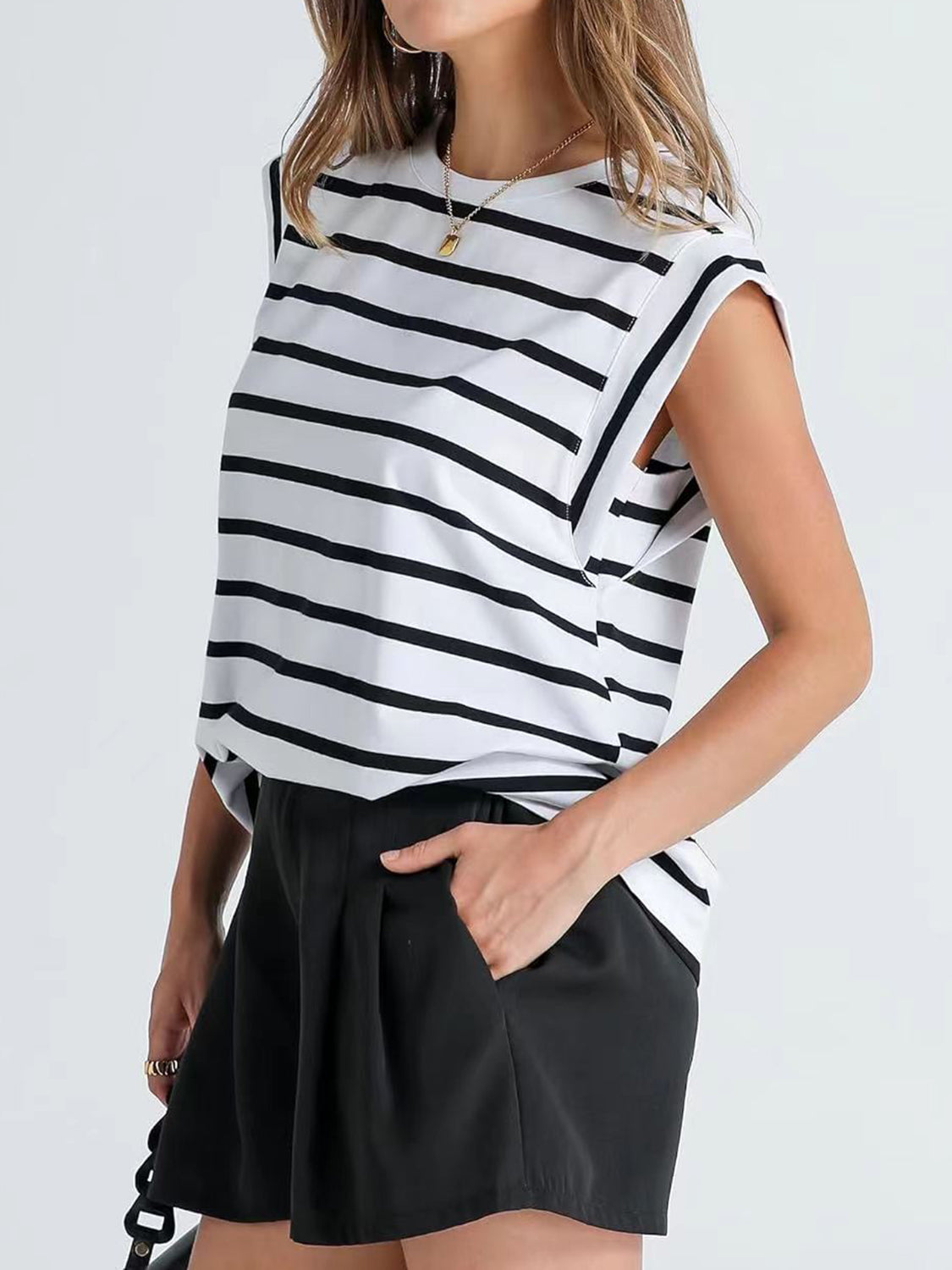 Striped Round Neck Cap Sleeve T-Shirt-Jewearrings