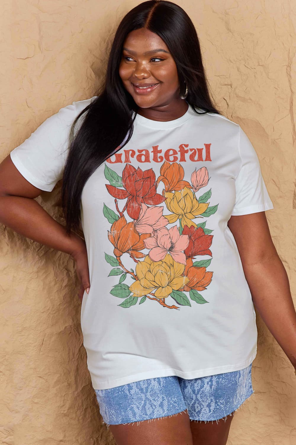 Simply Love Full Size GRATEFUL Flower Graphic Cotton T-Shirt-Jewearrings