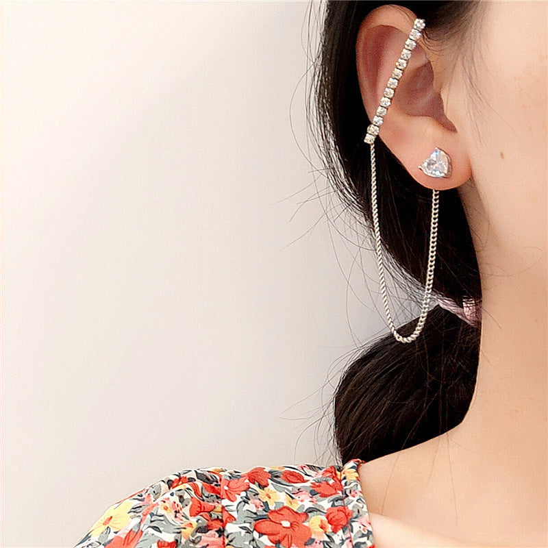 Ins Zircon Long One-piece Tassel Earrings Female Cold Style Flower Stud Earrings Ear Clip-Jewearrings