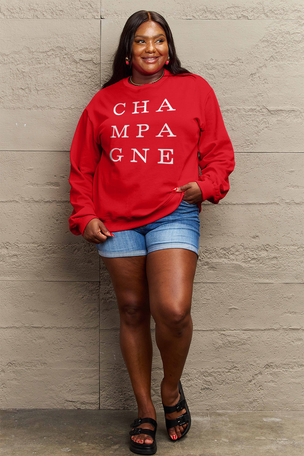 Simply Love Full Size CHAMPAGNE Graphic Long Sleeve Sweatshirt-Jewearrings