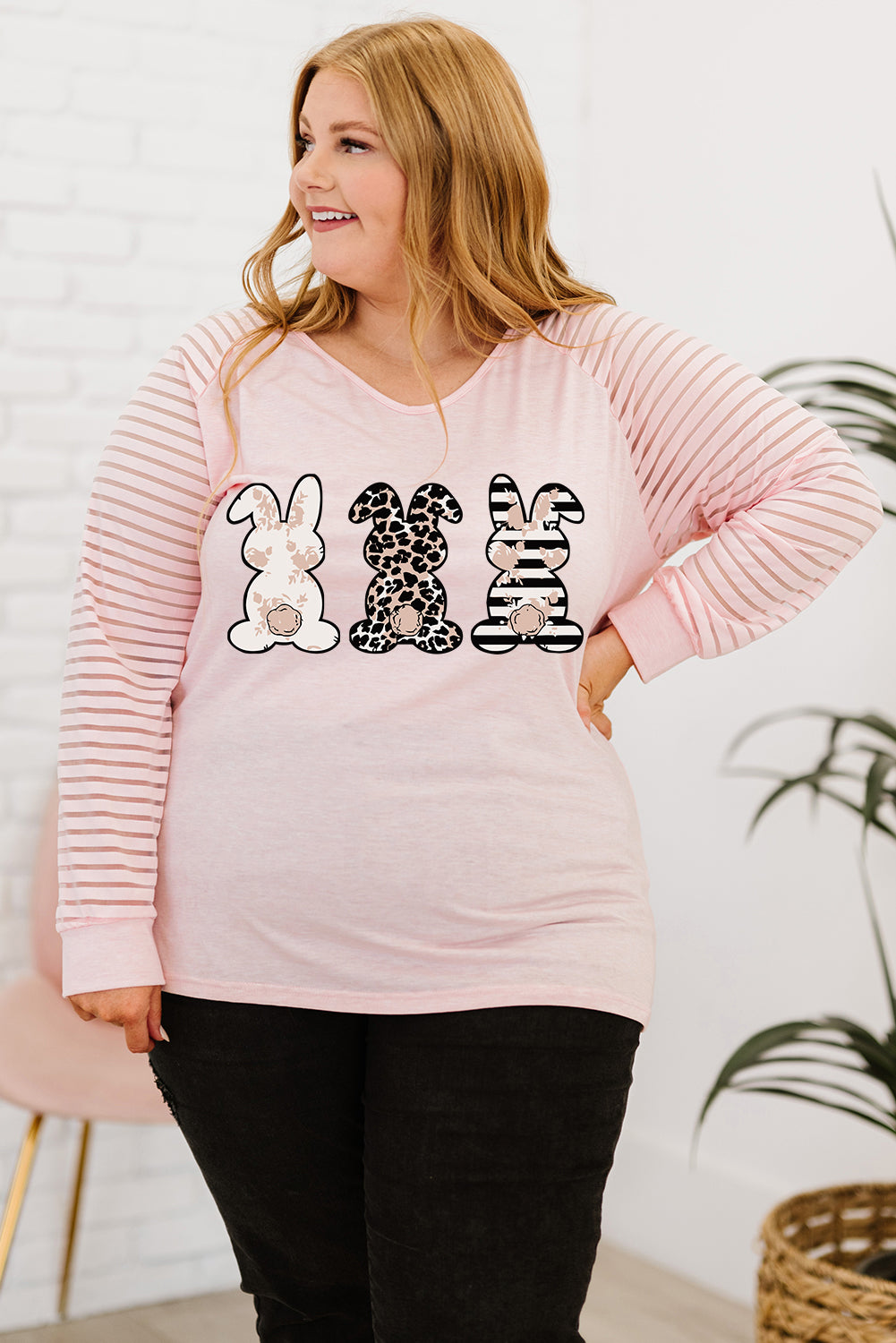 Plus Size Rabbit Graphic Long Raglan Sleeve Easter Tee-Jewearrings