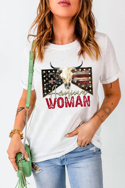 AMERICAN WOMAN Graphic Round Neck Tee-Jewearrings