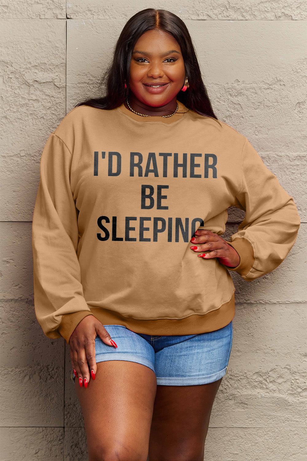 Simply Love Full Size I'D RATHER BE SLEEPING Round Neck Sweatshirt-Jewearrings