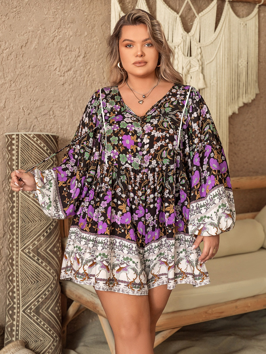 Plus Size Printed Tie Neck Mini Dress-Jewearrings