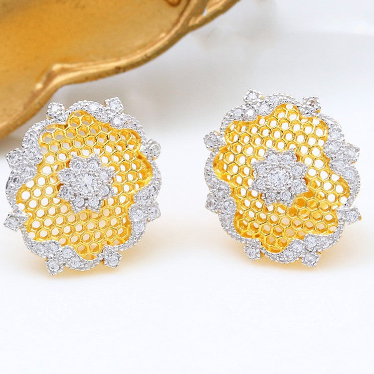 Light Luxury 925 Silver And Gold Honeycomb Snowflake Stud Earrings-Jewearrings