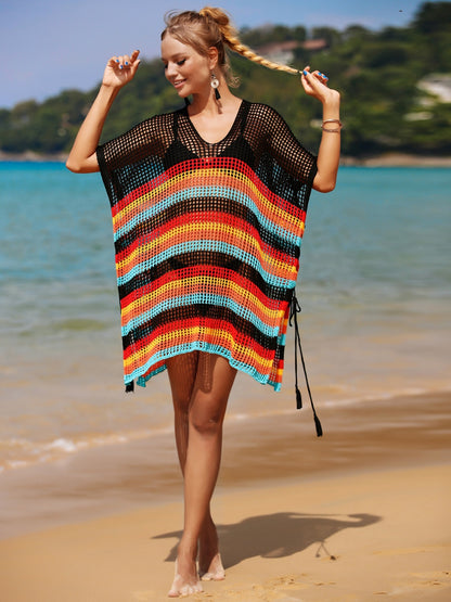 Cutout Striped Cover-Up with Tassel-Jewearrings