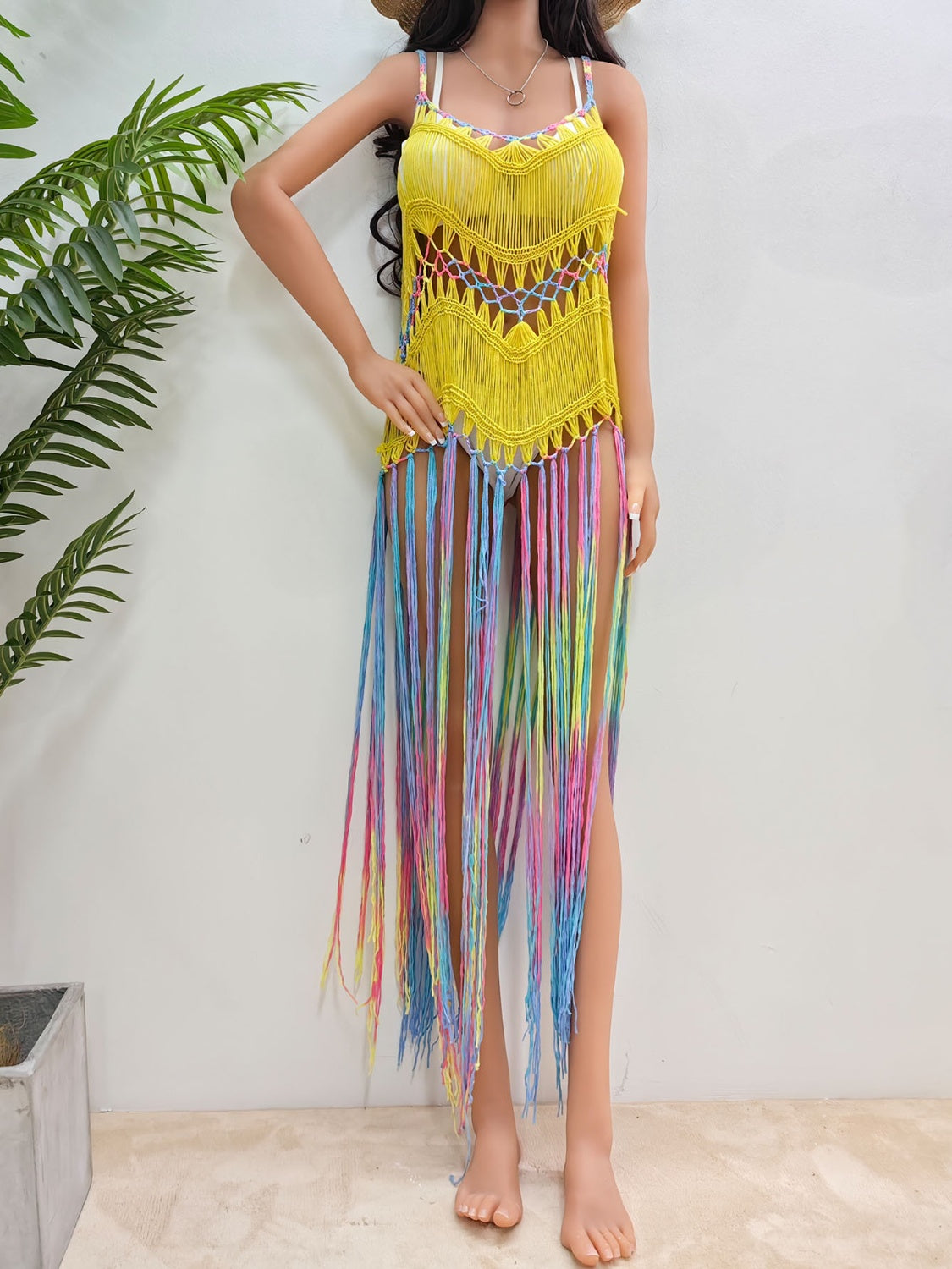 Fringe Scoop Neck Spaghetti Strap Cover-Up-Jewearrings