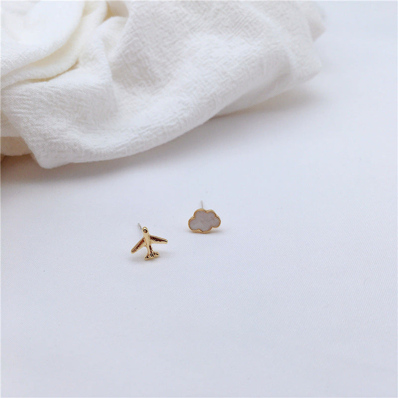 Cute Mini Stud Earrings Asymmetrical Airplane Cloud Ears-Jewearrings