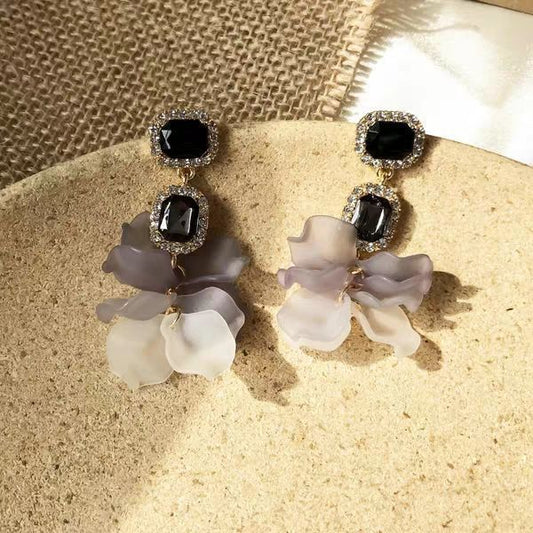 925 Silver Needle Crystal Stud Black Rose Petals Eardrops Frosty Style Earrings-Jewearrings