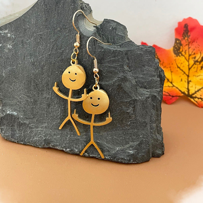 Funny Doodle Dangle Earrings Smiley Stick Figure Hand Gesture Middle Finger Statement Earrings For Women-Jewearrings