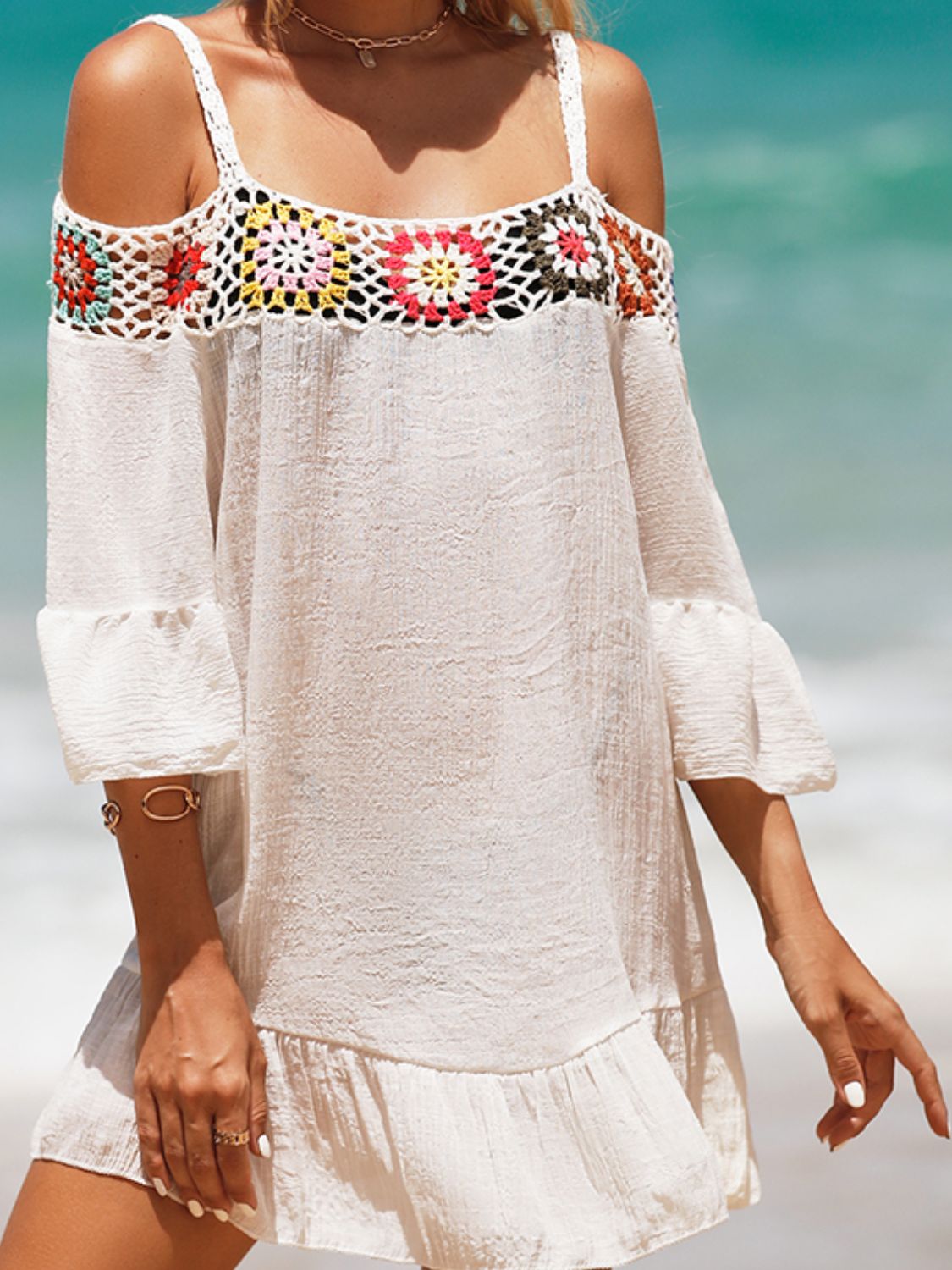 Crochet Cold Shoulder Three-Quarter Sleeve Cover Up-Jewearrings