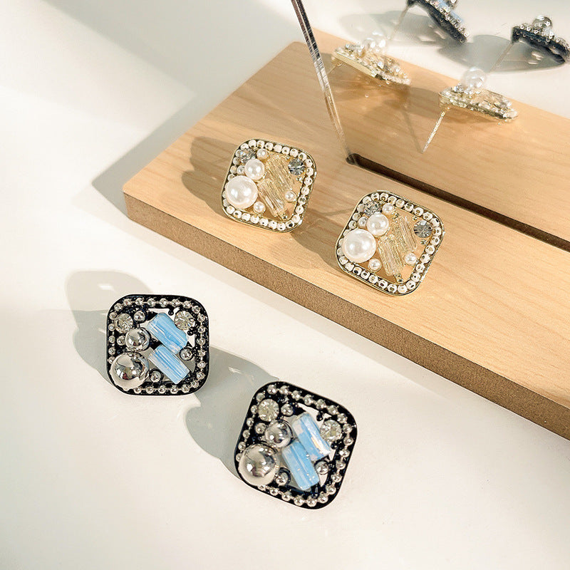 Korean Retro Court Style Rhinestone Square Geometric Stud Earrings-Jewearrings