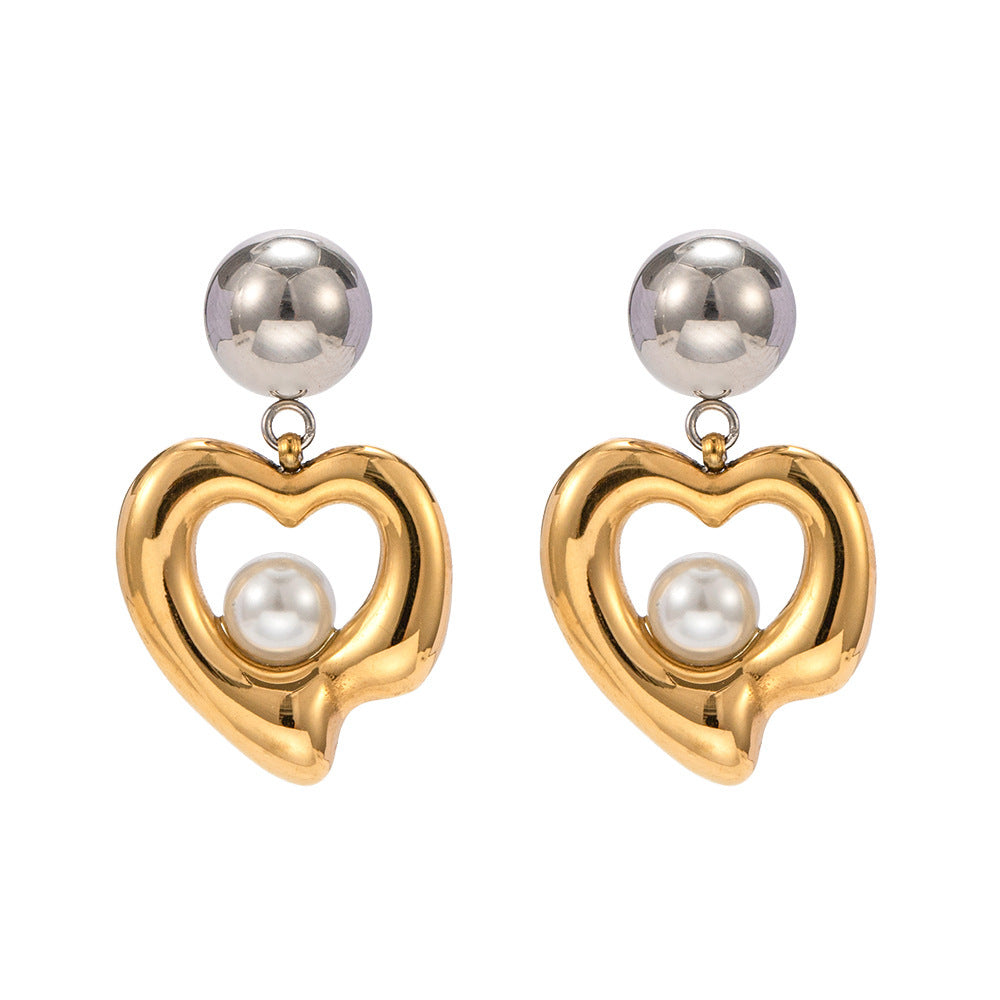 Women's 18K Gold Stainless Steel Gold And Silver Color Matching Pearl-studded Earrings-Jewearrings