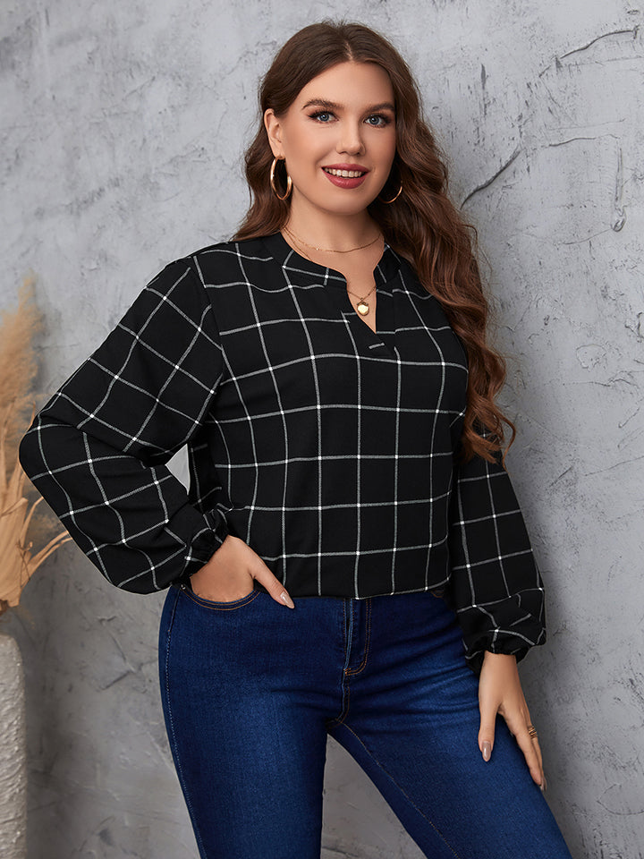 Plus Size Notched Neck Long Sleeve Blouse-Jewearrings