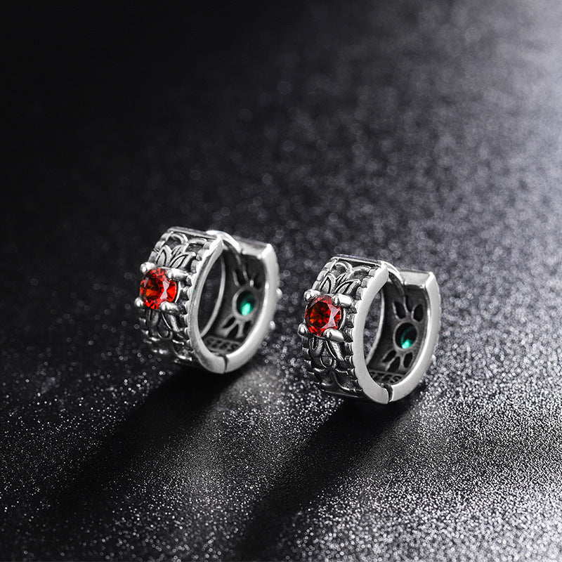 925 Sterling Silver Floral Pattern Red Green Zircon Front And Back Wear Vintage Earrings-Jewearrings