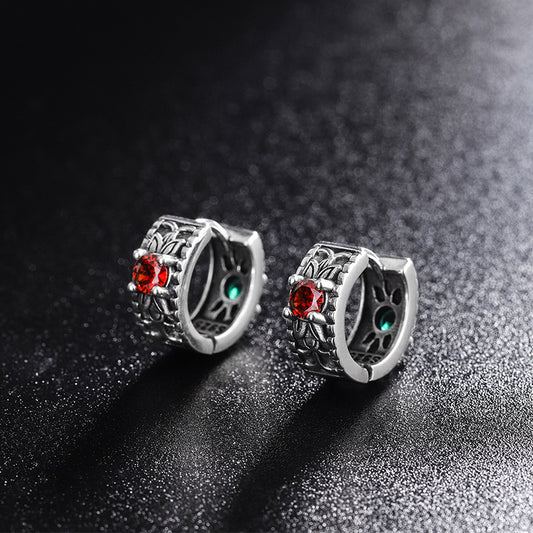 925 Sterling Silver Floral Pattern Red Green Zircon Front And Back Wear Vintage Earrings-Jewearrings