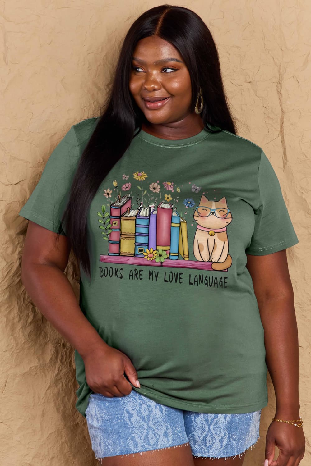 Simply Love Full Size BOOKS ARE MY LOVE LANGUAGE Graphic Cotton Tee-Jewearrings