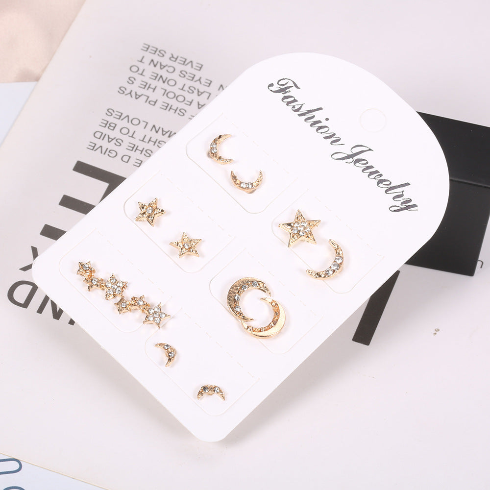 Stars And Moon With Diamonds 6 Pairs Of Stud Earrings-Jewearrings