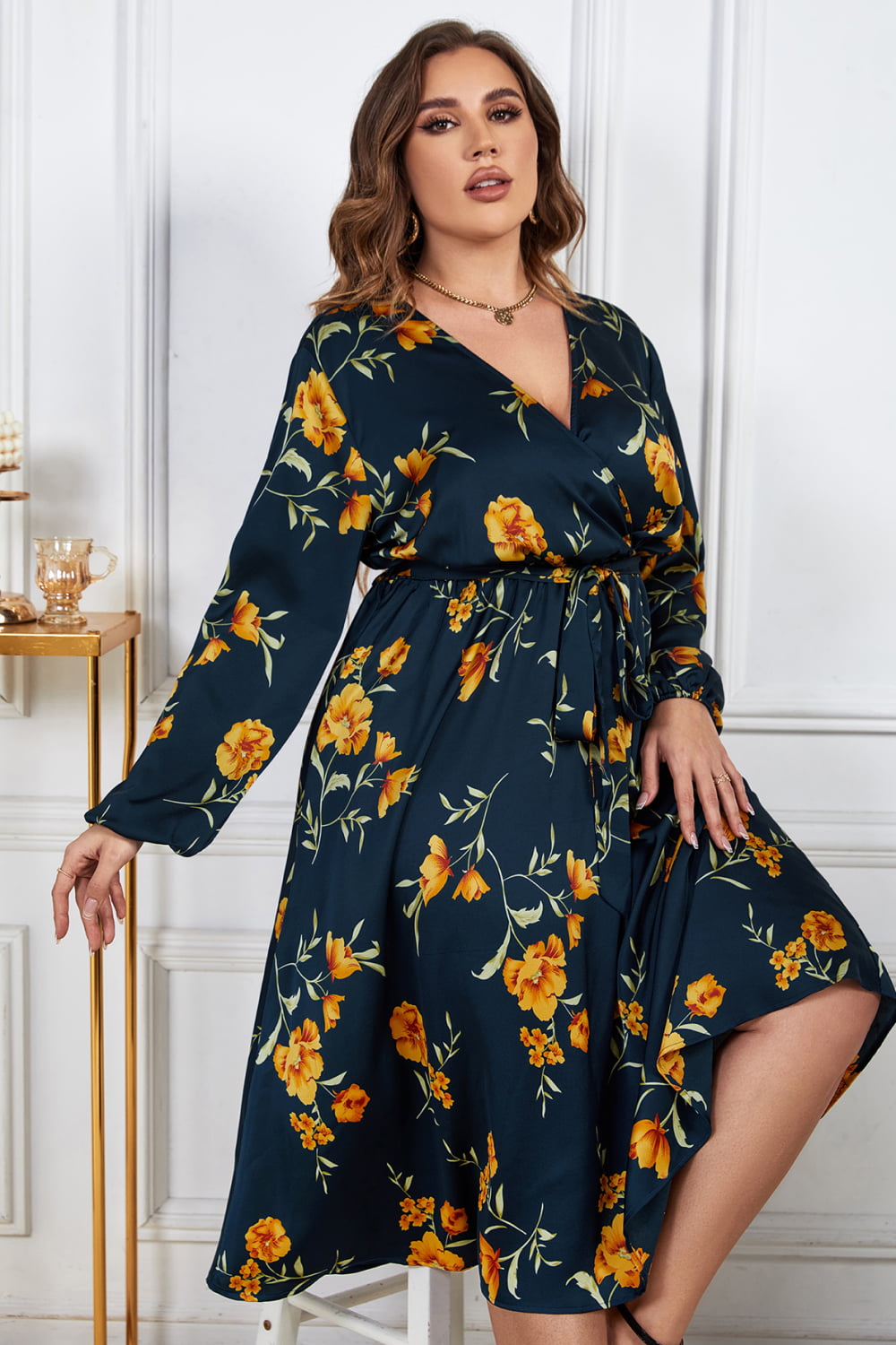 Melo Apparel Plus Size Floral Print Surplice Neck Midi Dress-Jewearrings