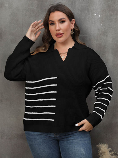 Plus Size Striped V-Neck Sweater-Jewearrings