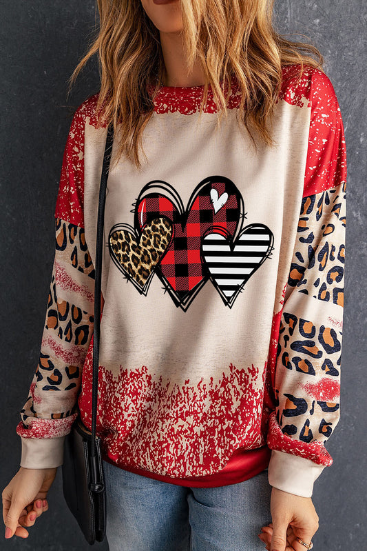 Heart Leopard Round Neck Sweatshirt-Jewearrings