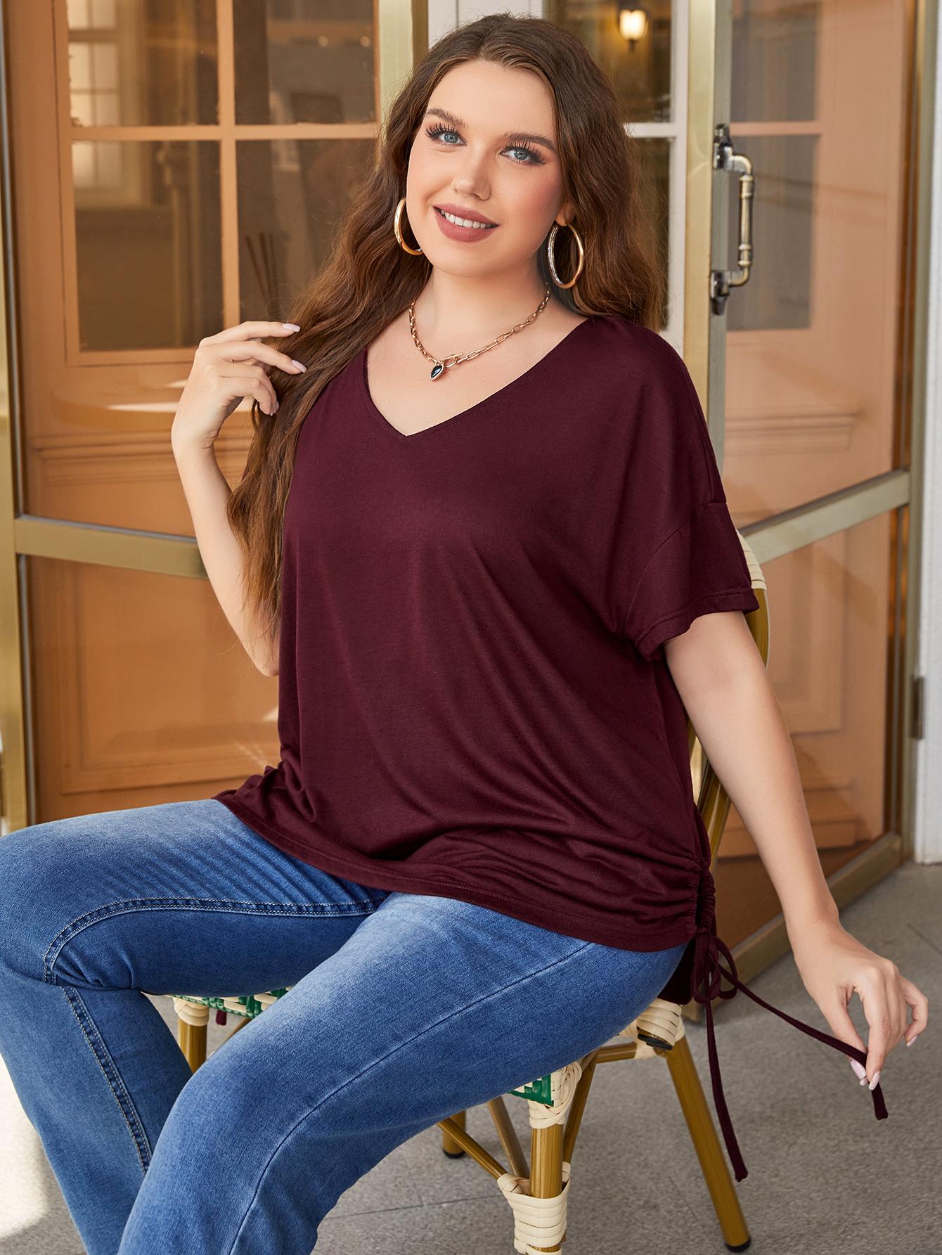 Plus Size Drawstring V-Neck Short Sleeve Blouse-Jewearrings