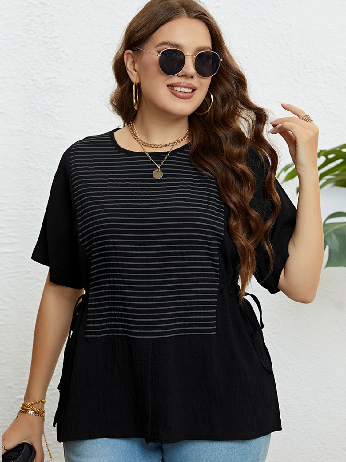 Plus Size Striped Drawstring Slit Top-Jewearrings