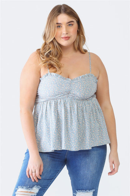 Zenobia Plus Size Frill Smocked Floral Sweetheart Neck Cami-Jewearrings