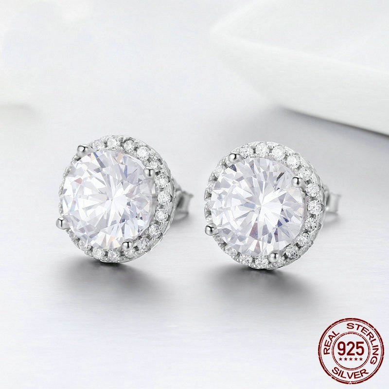 Simple Round S925 Sterling Silver Zircon Stud Earrings-Jewearrings