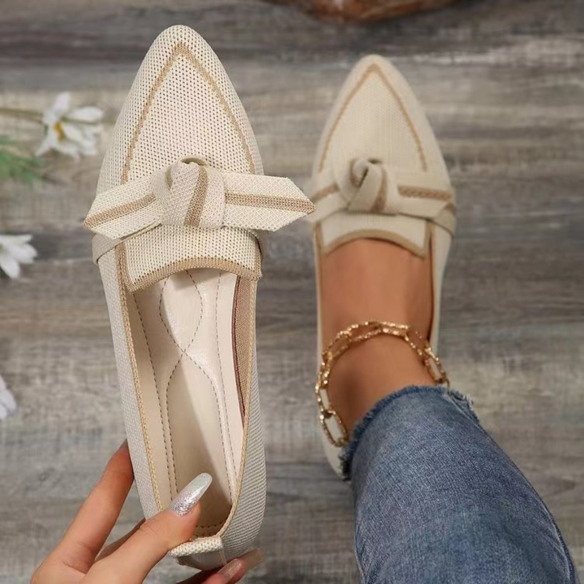 Bow Contrast Trim Point Toe Loafers-Jewearrings