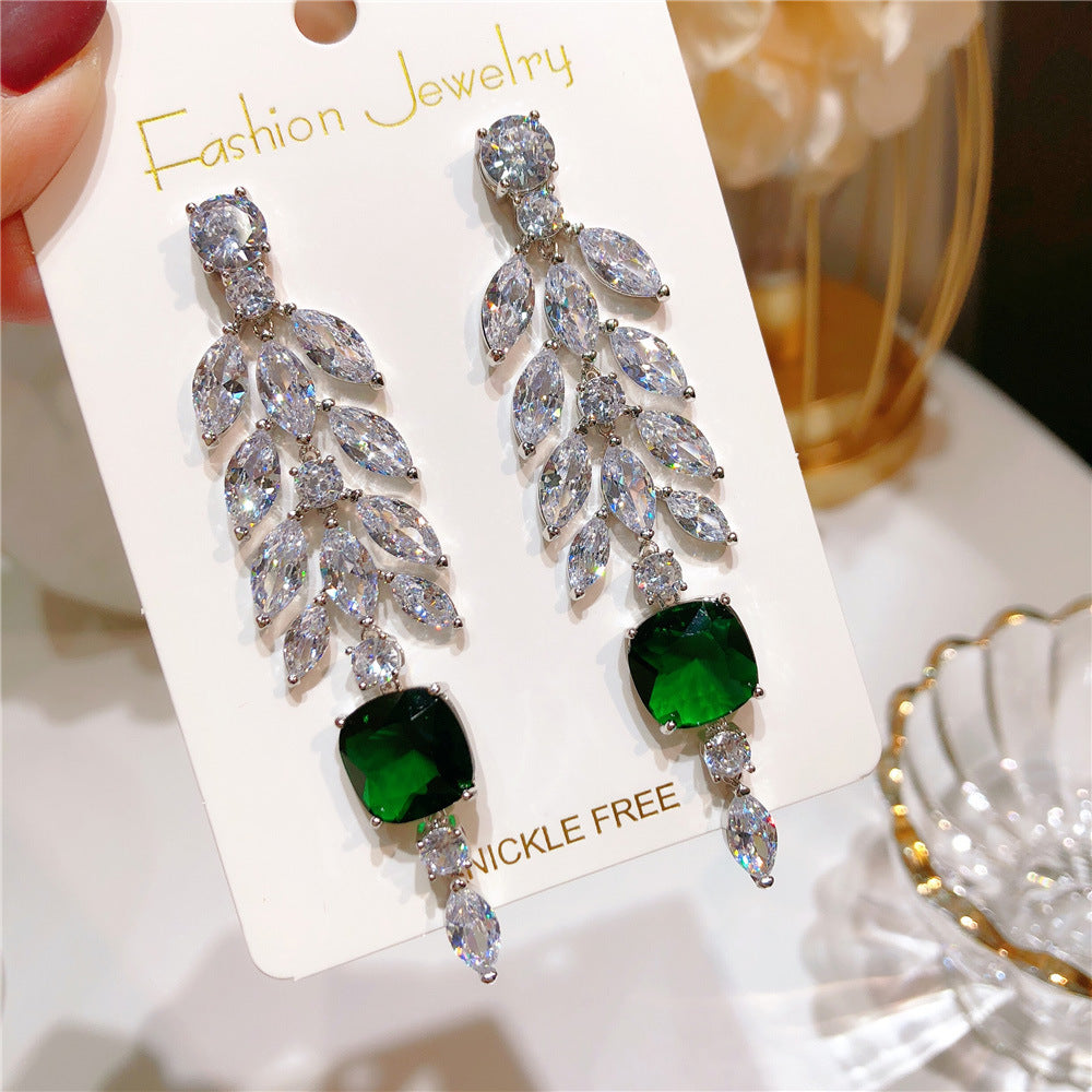 Women's Exaggerated Zircon Leaf Tassel Long Stud Earrings-Jewearrings