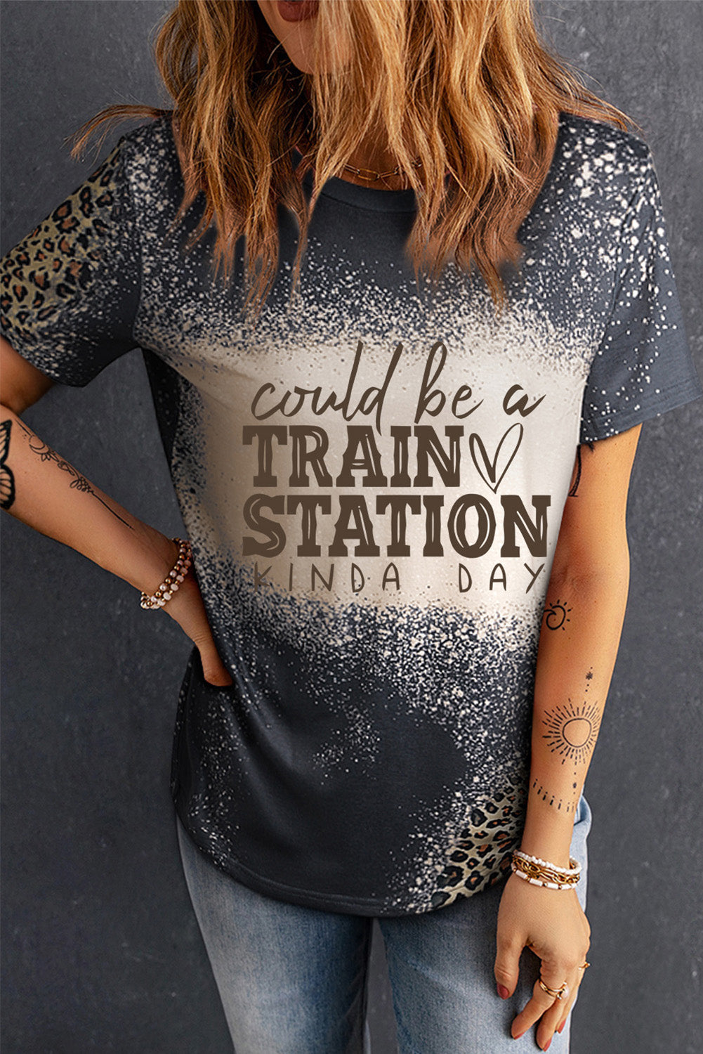 Slogan Graphic Leopard Tee Shirt-Jewearrings