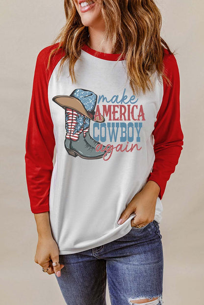 Raglan Sleeve MAKE AMERICA COWBOY AGAIN Graphic Tee-Jewearrings